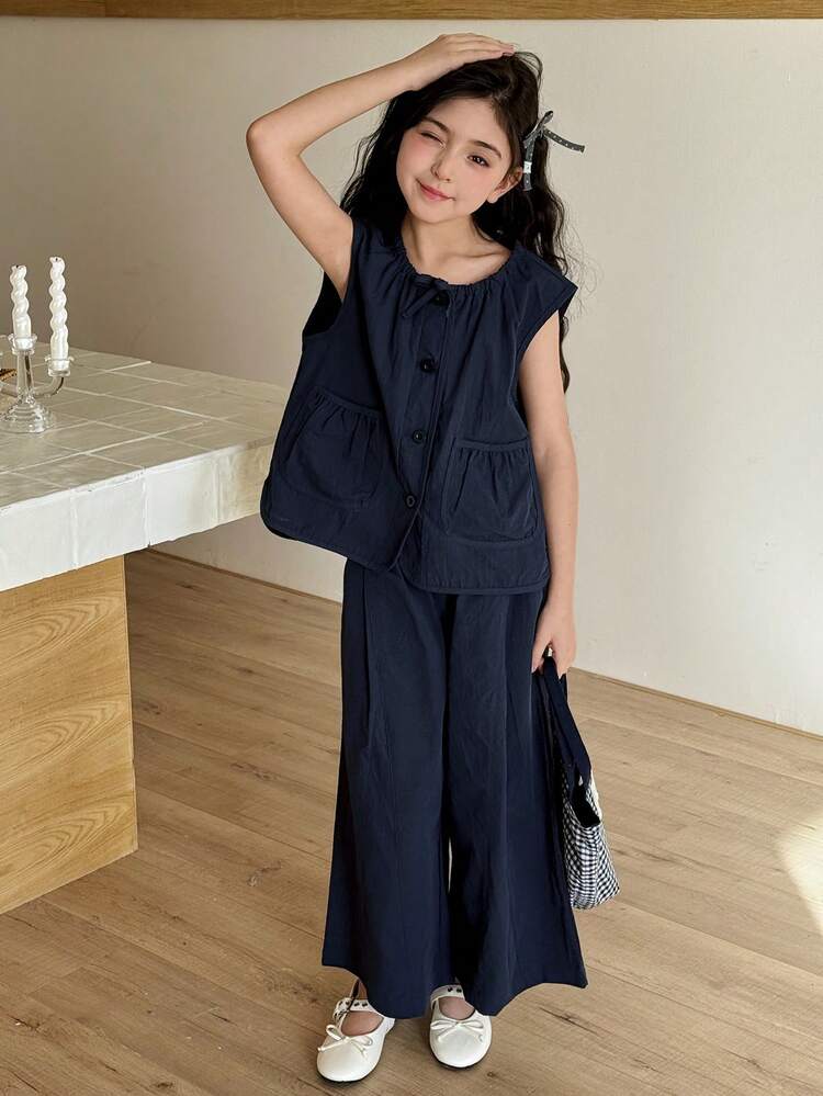 Tween Girl Solid Color Single-Breasted Pocket Cap Sleeve Shirt Top And Wide Leg Pants Casual Daily Outfit