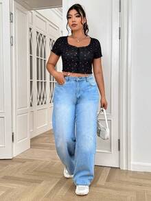 SHEIN EZwear 大码女式黑色碎花短袖单排扣T恤 - 黑色 - 查看 4