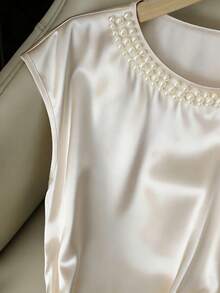 Franclia New Women's Fashion Elegant Round-Necked Three-Ring Pearl Blouse With Side Single Drawstring Waistband,Summer Holiday Outfits,Spring, Spring Outfit Women, Valentine's Day,Valentines Day Outfit,Carnival,Carnival Women,Beach,Wedding,Birthday,Birthday Dress,Going Out, Elegant,Vacation,Casual,Y2k,Graduation Season Attire, Fashionable Casual Commuter Wear, Business Office Wear, Versatile And Stylish Everyday Casual Wear, Urban Teacher's Professional Attire - Apricot - View 3