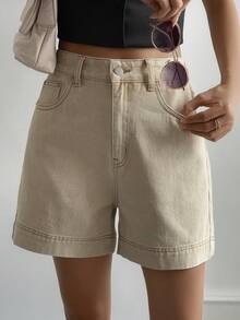 Livesso 高腰休闲纯色女式牛仔短裤 - 卡其色 - 查看 5
