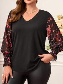 Miaspire 大码印花拼接T恤，休闲秋季情人节春假夏季假日嘉年华婚礼及活动优雅之选，春夏度假大码长袖上衣 - 黑色 - 查看 4