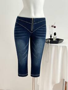 Elamini 休闲水洗低腰修身七分牛仔裤 - 深色水洗藍 - 查看 4