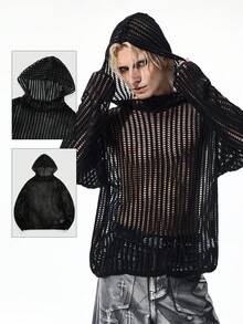 ROMWE MEN Goth Áo len dệt kim dài tay khoét vai màu trơn dáng rộng có mũ trùm đầu cho nam - màu đen - Xem 9