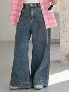 DAZY Tween Girls' Letter Embroidered Pocket Wide Leg Loose Casual Jeans - Blue - View 4