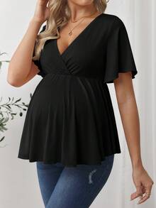 SHEIN Maternity Solid Color Overlap V-Neck Ruffle Short Sleeve Casual T-Shirt - Black - View 3