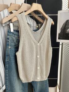 Franclia 新款夏季法式休闲针织背心，单排扣设计，镂空针织纹理，柔软舒适，通勤/工作叠穿款式，精致V领，柔和米色无袖针织开衫 - 卡其色 - 查看 5