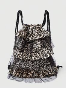 ROMWE Grunge Punk Women's Large Capacity Fashionable Sweet Leopard Print Ruffle Drawstring Backpack - leopard print - View 1
