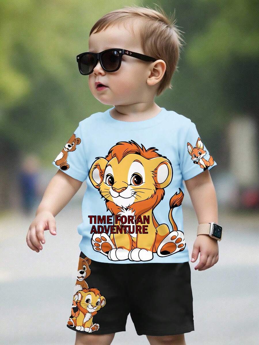 Baby Jungen Lässiges Cartoon Muster Rundhals Locker Kurzarm T-Shirt, geeignet für den Sommer - Verschiedenfarbig - Übersicht 1