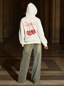 Mima John 女士休闲简约蝴蝶结和樱桃印花宽松连帽厚款运动衫 - 白色 - 查看 2