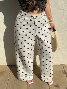 Sunnyshic Asymmetrical Waist Casual Vacation Polka Dot Denim Pants - Multicolor - View 1