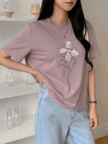 DAZY 女士宽松休闲印花T恤，适合海滩度假 - 紫色 - 查看 3