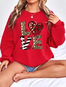 SHEIN LUNE Casual Minimalist Love Print Round Neck Loose Fit Thick Sweatshirt For Women - Red - View 4