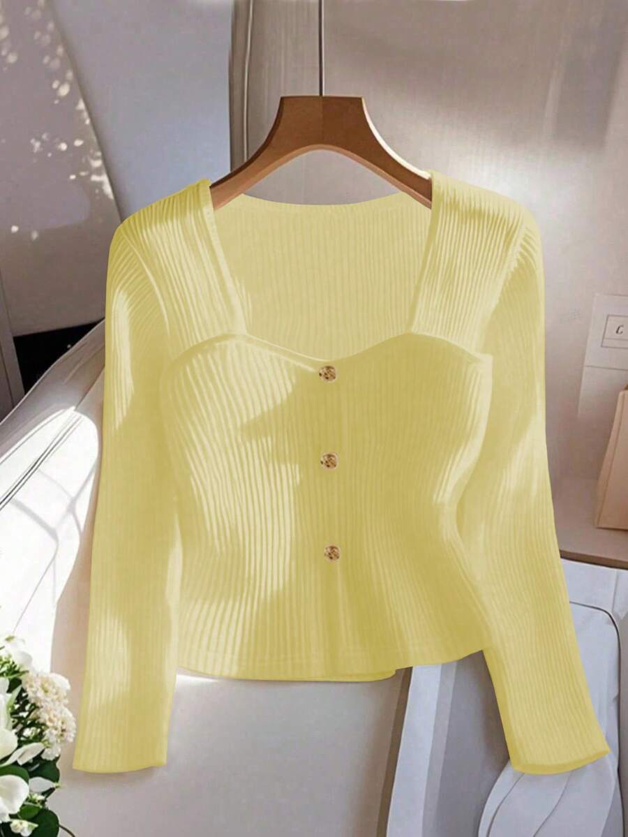 Qadelle Women's Solid Color Button Casual Versatile Commuting Long Sleeve T-Shirt - Pale Yellow - View 1