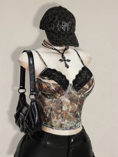 SHEIN ICON Plusstorlek Spets Patchwork Gren Kamouflage Mönster Midja Rynkande BH Kupa Linne, Y2K Streetwear Casual Sexigt Mesh Genomskinligt Linne