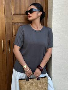 Dazy Plus Plus Size Casual Versatile Commute Solid Color Short Sleeve Knit Top - Dark Grey - View 7