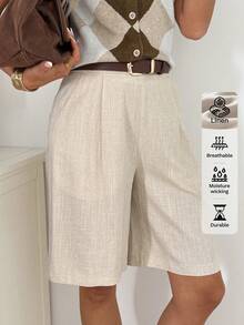 Easowa 不对称腰带、斜插口袋、褶裥阔腿短裤、亚麻面料，休闲宽松优雅的OL风短裤，适合秋冬季穿着。 - 杏色 - 查看 2