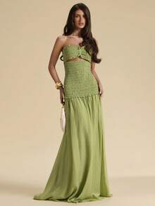 SHEIN BAE Đầm maxi dài màu xanh lá cây trơn không tay, khoét lỗ, ôm sát, co giãn, thanh lịch, xếp nếp, thích hợp cho bữa trưa, đi chơi, kỳ nghỉ biển. - màu xanh lá - Xem 2