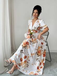 GlowEve Đầm ngắn tay in hoa thanh lịch dành cho nữ, thích hợp cho mùa xuân/hè. - trái cam - Xem 5