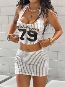 StreetHx 女士数码字母印花露背短款上衣和迷你裙套装，性感街头风 - 黑與白 - 查看 4