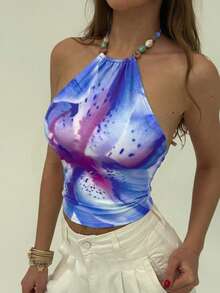 Aloruh Women's Fashion Print Fitted Halter Beaded Cropped Tank Top, Summer Backless - Blue - View 1
