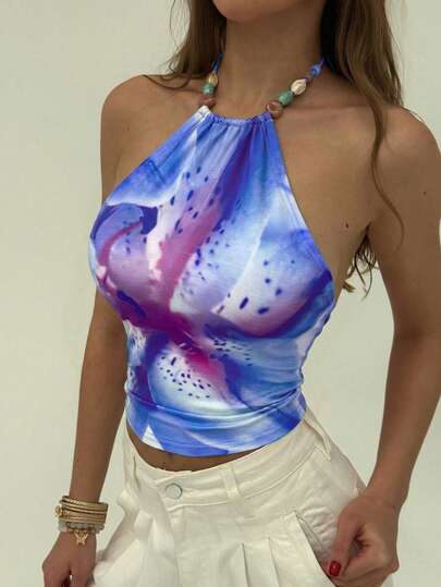 Aloruh Women's Fashion Print Fitted Halter Beaded Cropped Tank Top, Summer Backless