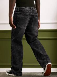 GALLERY FADE Men's Retro American Street Style Distressed Straight Leg Loose Fit Jeans - Black - View 3