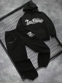 Manfinity LEGND Men's Black Hoodie Set With LA + Crown Print, Los Angeles Text Graphics, Drawstring Waist Sports Pants, Casual Street Style - Black - View 7