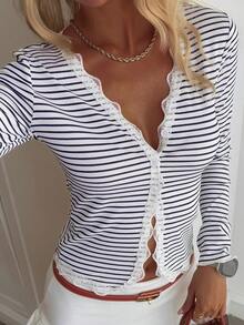 DAZY 条纹蕾丝荷叶边修身开衫，女士Y2k风格 - 藏蓝色 - 查看 3