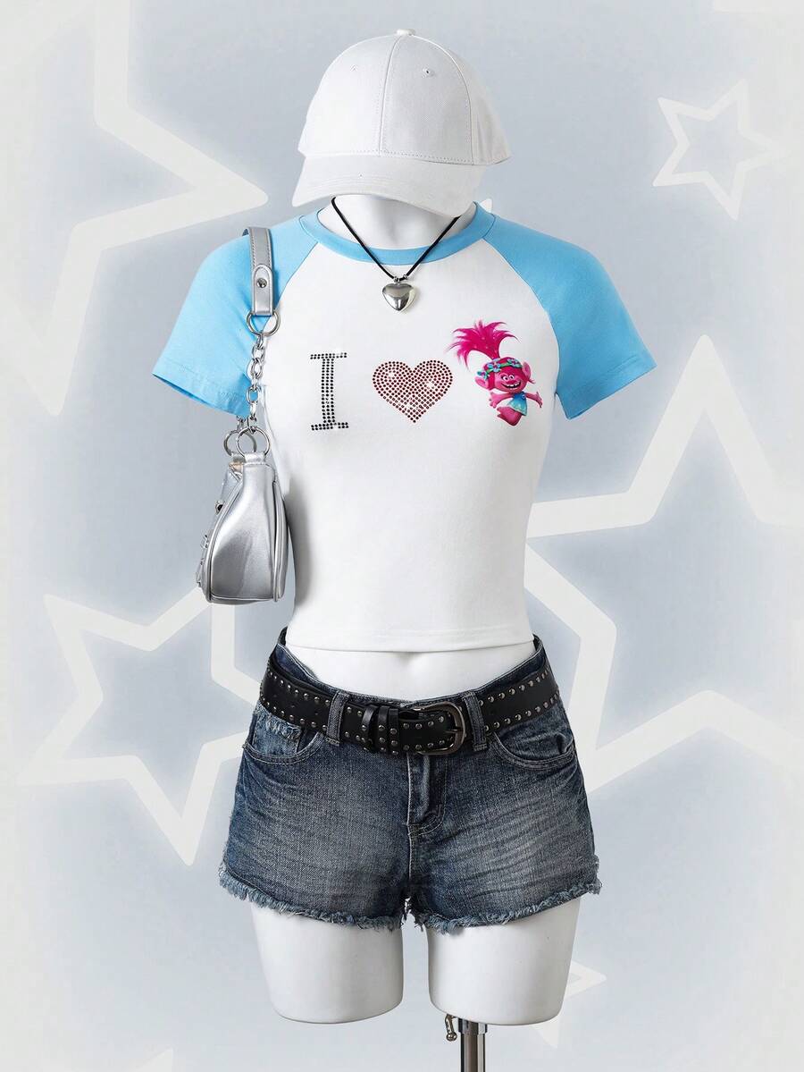 SHEIN Trolls Áo thun nữ tay ngắn cổ tròn phối màu đính đá lấp lánh họa tiết hoạt hình - Xanh và trắng - Xem 1