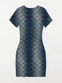 EMERY ROSE Women's Round Neck Diamond Pattern Rhinestone Embellished Waist Cinched Elegant Mini Dress, Suitable For Dates And Parties - Multicolor - View 2