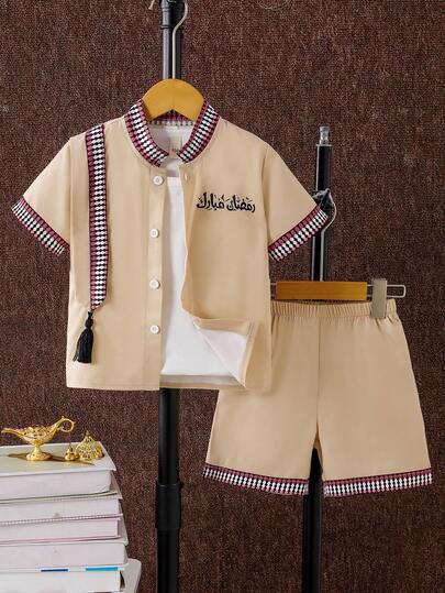 2pcs Young Boy Letter Print Patchwork Ribbon Shirt & Shorts Set