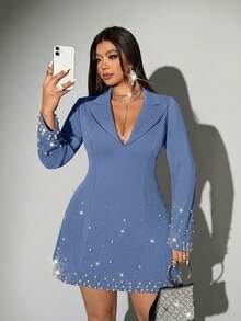 Viva Relle Đầm dự tiệc công sở thanh lịch, thường ngày dành cho nữ cỡ lớn, trang trí bằng ngọc trai (Ngẫu nhiên) - Màu xanh bụi bặm - Xem 3