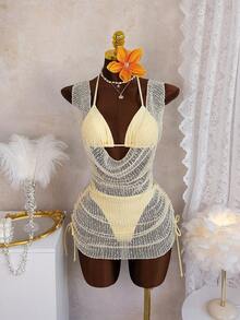 Zestiva-D Women's Summer Soft Yellow Hazy Special Fabric Mesh Layered Swimwear Set, Slouchy Ruffled Collar Design Top & Bottom, Skin-Tight Inner Set, Gentle & Spicy Style, Beach Resort Swimwear Set Women Vacation Outfit Sets Baecation Outfits Pr Vacation Outfits - Light Yellow - View 6