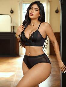SHEIN 2pcs/Set Lace Contrast Mesh Women's Underwire Bra Set - Black - View 5