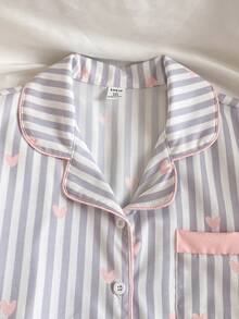 Bộ đồ 2 món cho bé gái, họa tiết trái tim kẻ sọc, gồm áo khoác cardigan tay ngắn có cổ và quần short rộng rãi thoải mái, thích hợp cho mùa hè. - Nhiều màu - Xem 9