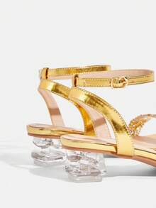 CUCCOO TILAWA Women's Fashion Crystal Glass Rhinestone Decor High Heel Sandals, Suitable For Outdoor Activities And Parties, Spring Shoes, Spring Break Easter Prom Heels Summer Shoes - Gold - View 5