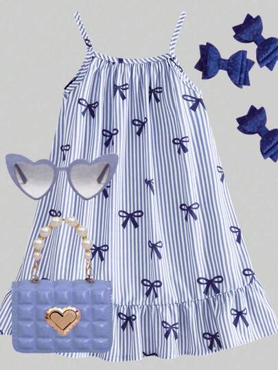 SHEIN This Woven Fabric Sundress For Girls Features Striped Bows, Digital Prints, A Colorful Red Striped Hem, And Ruffles. It's Perfect For Everyday Summer Wear, Outings, Travel, Vacations, And Parties.