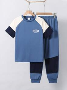 SHEIN 2pcs Tween Boy Casual Versatile Colorblock Design Round Neck T-Shirt And Pants Set, Suitable For Commuting, School, Daily Casual Wear, Sports, Spring/Summer - Blue - View 5