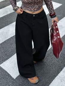 Dazy Plus 大码做旧水洗阔腿长款牛仔裤 - 黑色 - 查看 6