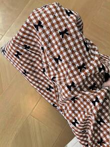 SHEIN Clasi 25pcs Retro French Plaid Elastic Waist Straight Leg Pants (Pattern And Direction Random) - Brown - View 6