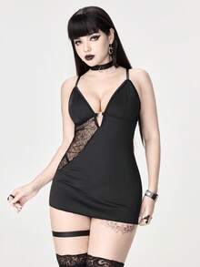 ROMWE Grunge Punk Punk Pu Spider Web Cami Dress & G-String Lingerie Set, Sexy - Black - View 1