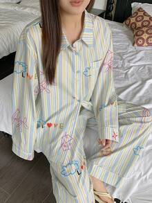 Dazy Plus Plus Size Women Cartoon Floral & Striped Loose Fit 2 Pieces Pajama Set, Comfortable Home Wear For Spring & Autumn - Multicolor - View 7