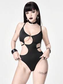 ROMWE Goth Mono sexy de mujer con diseño calado de unicolor y tirantes finos - Negro - Ver 6