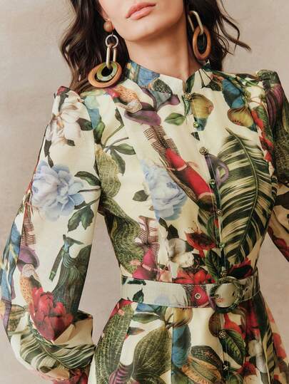 Anewsta Vestido de mujer de manga larga con cuello alto y estampado floral romántico con cinturón, adecuado para primavera, Día de San Valentín, vacaciones, Año Nuevo, fiesta, boda, elegante, con estilo, formal, trabajo, Acción de Gracias, graduación, Navidad, festival