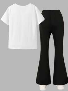 2pcs/Set Tween Girl K-Pop Idol Print Crew Neck Short Sleeve T-Shirt & Black Flare Pants Outfit - Black and White - View 3