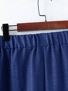 Linhara 大码女式纯色撞色荷叶边装饰假口袋全扣优雅职业西装外套 + 纯色纽扣A字简约百搭半身裙两件套 - 藍色 - 查看 5