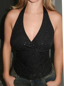 Turnttoni Fashionable Glittery Criss Cross Back Halter Neck Crop Top - Black - View 3