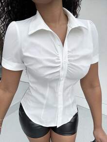 Alexandranx 素色褶邊前紐扣襯衫 - 白色 - 查看 3