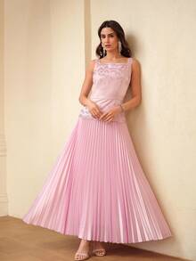 ZEYLAH 女士优雅派对连衣裙，简约纯色，饰以水钻，方领，收腰设计，褶裥下摆 - 淺粉色 - 查看 7