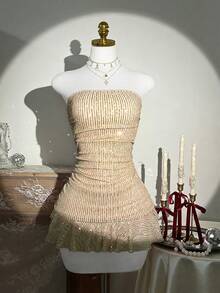 Elamini Đầm quây nữ màu trơn xếp ly đính sequin phối nhiều mảnh - Màu be - Xem 3